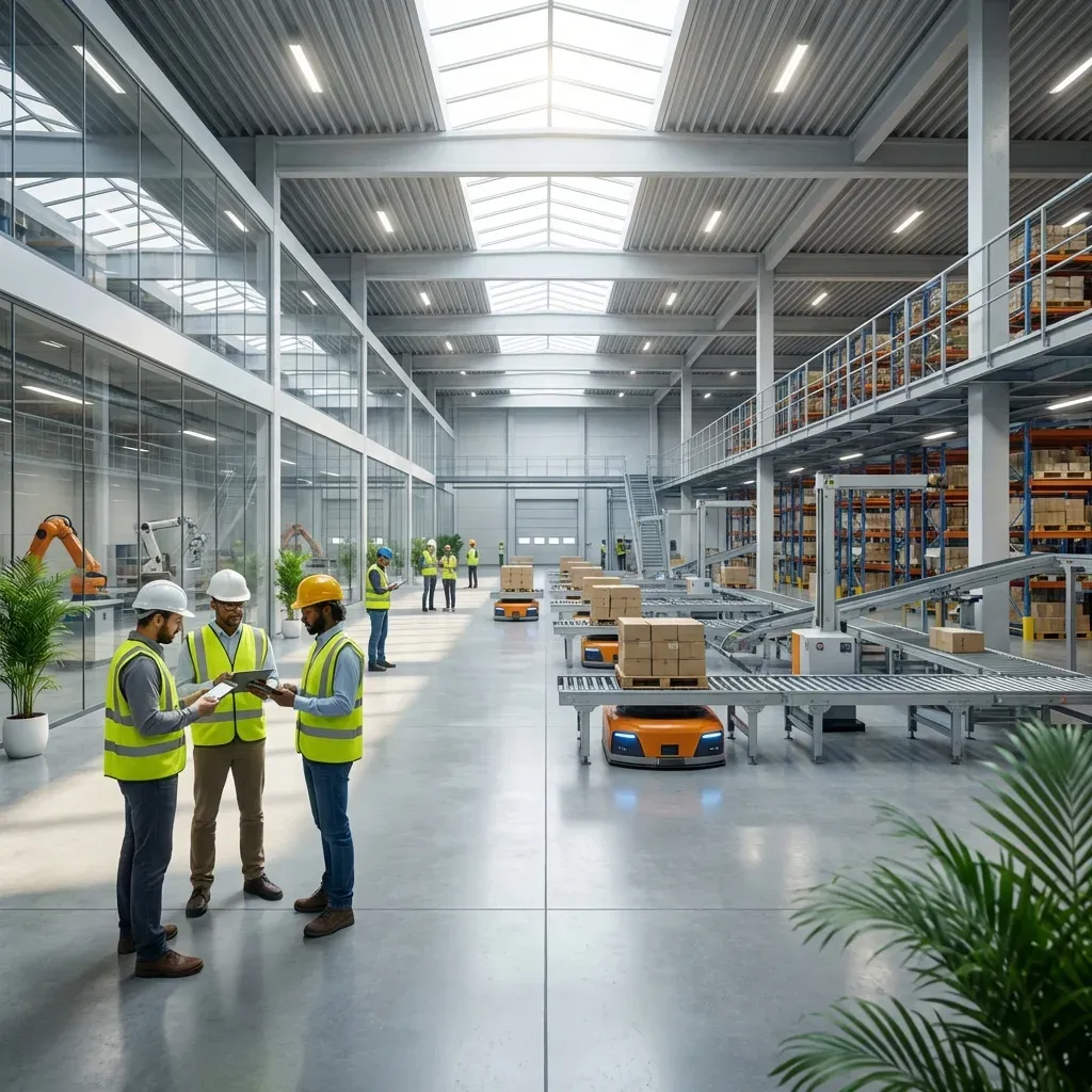 Magazzino industriale con scaffalature e operatore con tablet