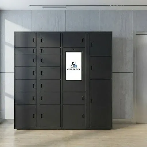 Illustrazione locker automatici modulari con sportelli colorati e tastierino numerico